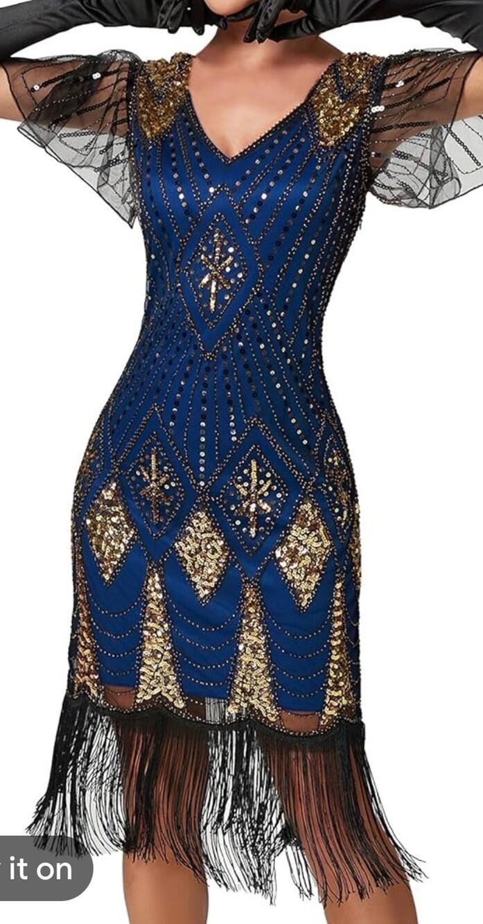 Unique Vintage 1920’s Navy and Gold Beaded Flapper Dress L XL NWOT